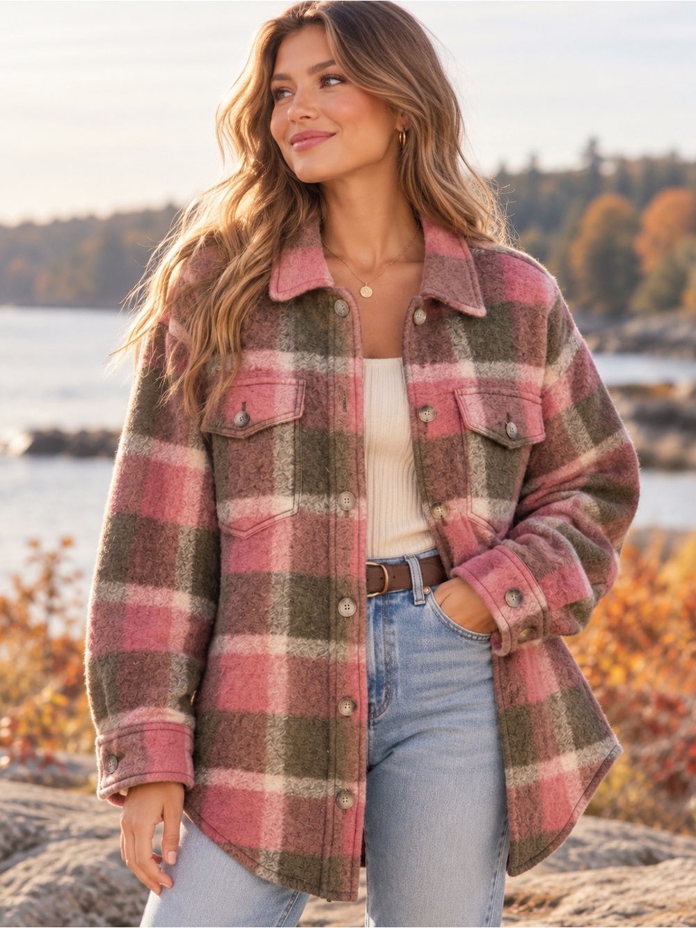 Wilfred Free The Ganna Pink Plaid Wool Shacket |Large| Indie Boho Coastal Cozy